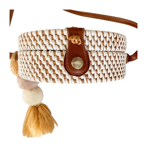 Round White Rattan Crossbody Bag With Triple Pom Charm - Picture 2 of 7